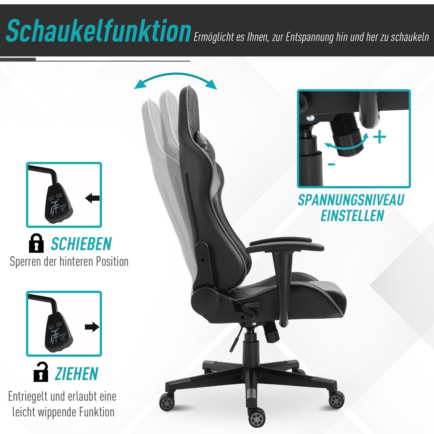 Ergonomische Bureaustoel – Gamingstoel – Draaistoel – Bureaustoel Kunstleer – Kantoorstoel – Zwart – Verstelbare Zithoogte – 160° Kantelbare Rugleuning