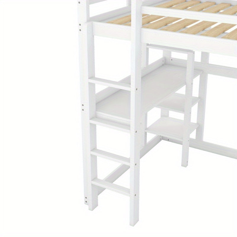 Halfhoogslaper – Hoogslaper – Stapelbed – Bedframe Met Bureau – Bed Met Opbergruimte – Gemaakt Van Grenenhout – Inclusief 4 Planken – Afmetingen 140x200 cm