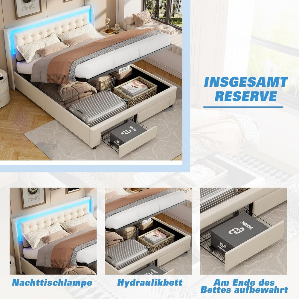 Bedframe – Tweepersoonsbed – Gestoffeerd Bed – Opbergbed – Lattenbodem – 160x200 cm – Velvet Bekleding – LED Hoofdbord met USB-aansluiting