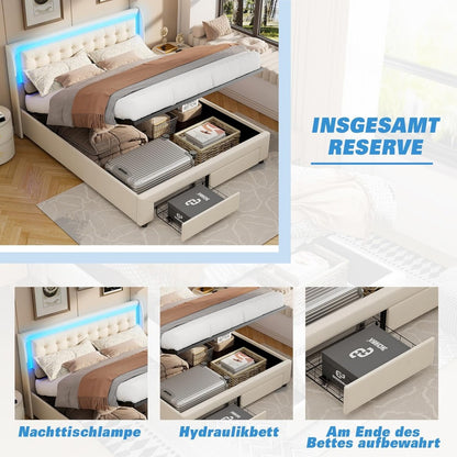 Bedframe – Tweepersoonsbed – Gestoffeerd Bed – Opbergbed – Lattenbodem – 160x200 cm – Velvet Bekleding – LED Hoofdbord met USB-aansluiting