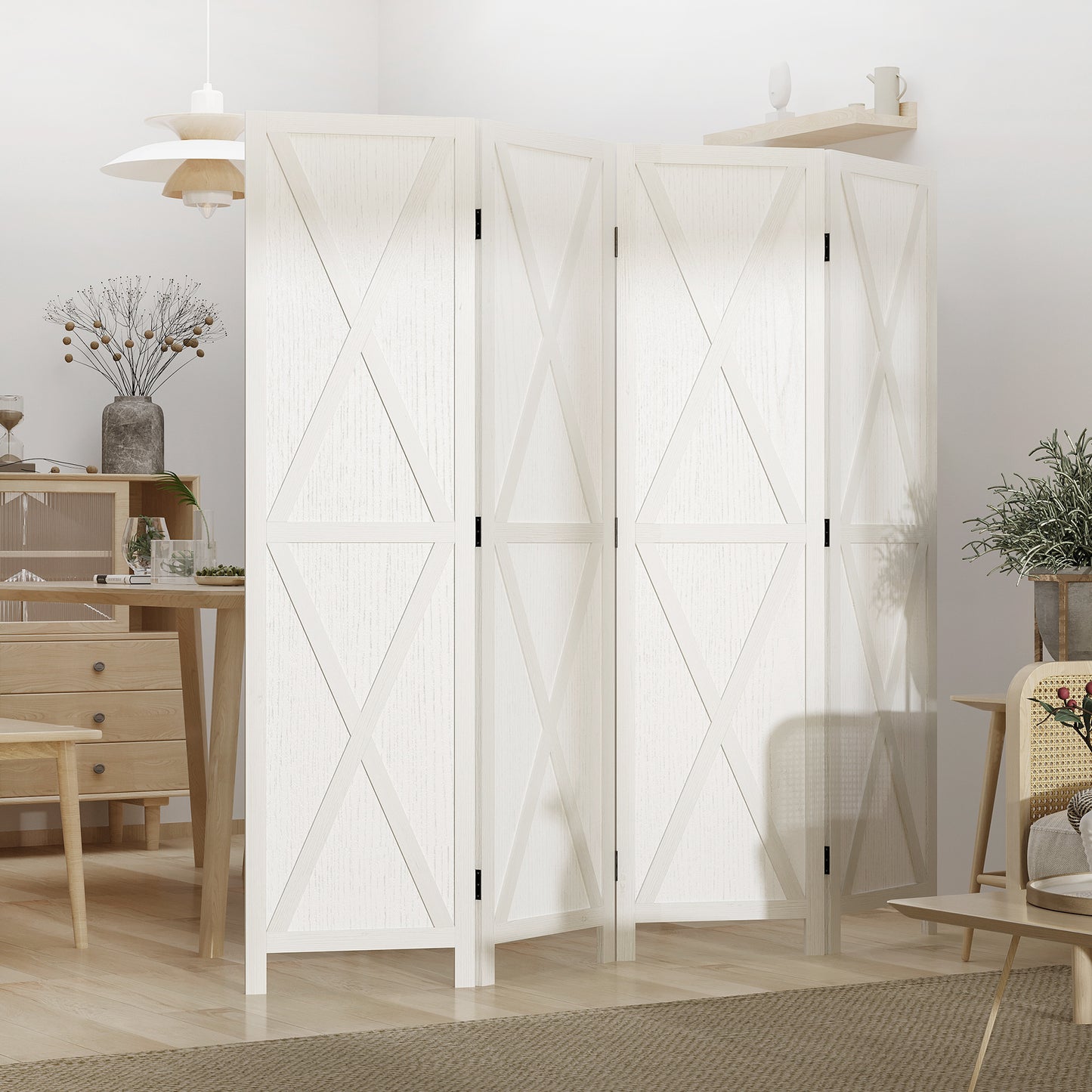 Kamerscherm – Room Divider – Ruimteverdeler – Scheidingswand – 4-Panels Scherm – Wit Paulowniahout – 182x170 cm – Inklapbaar en Stabiel