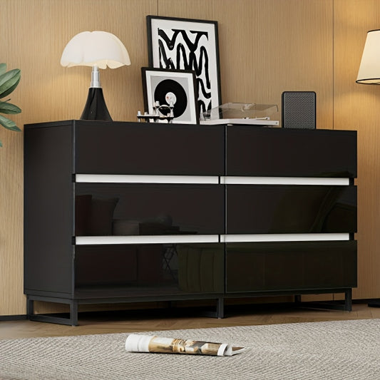 Sideboard – Dressoir – Kast – Opbergmeubel – Vitrinekast – Zwart-Wit – Duurzaam Bamboe – 6 Lades – Hoogglans Afwerking – Ruime 3,2 Kubieke Voet – Stabiele Metalen Poten – Vrijstaand