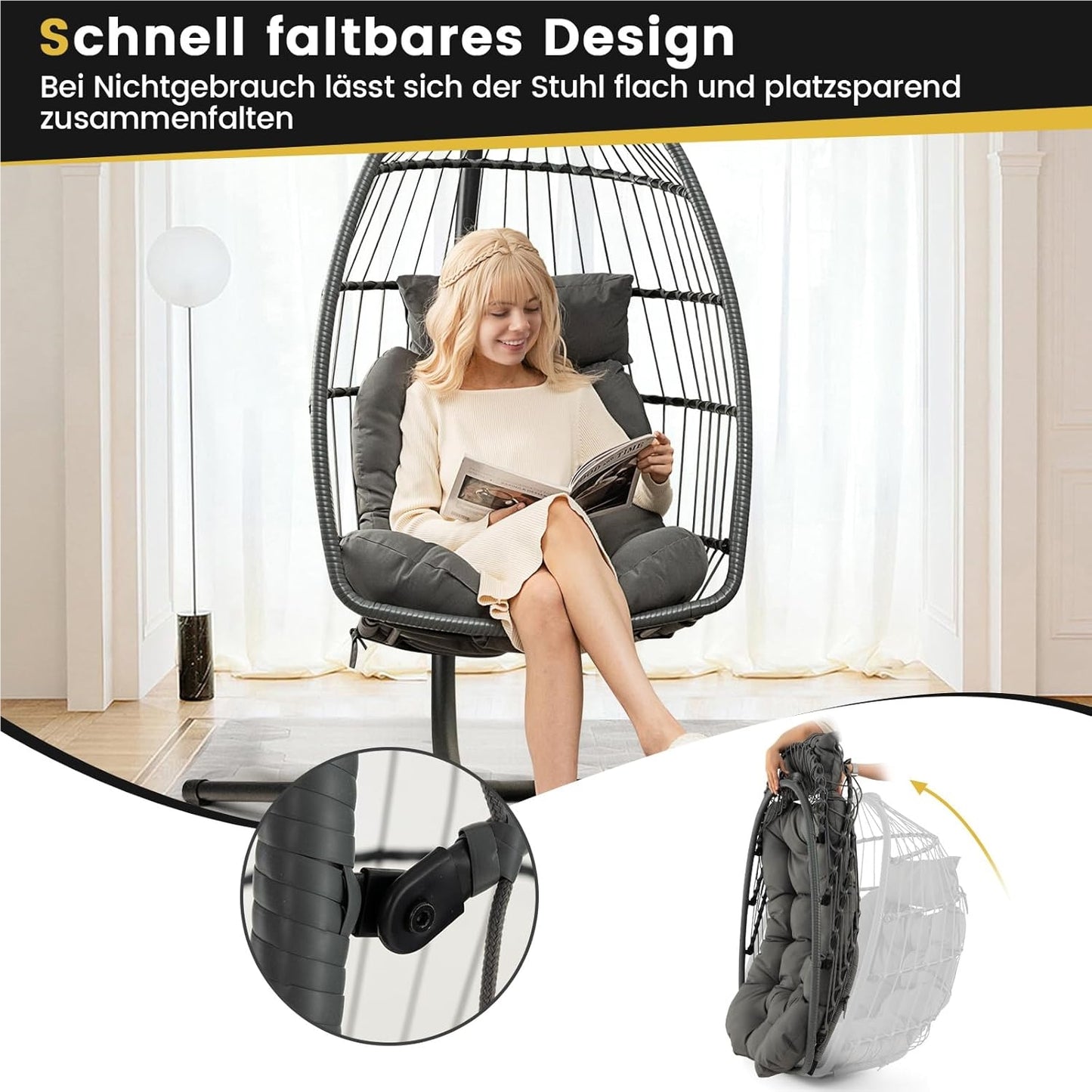 Hangstoel – Hangstoel met Kussen – Hangmatstoel – Schommelstoel – Zitzak – Inklapbaar – PE Rattan – Inclusief Ophangsysteem – Max. 150 kg – Grijs