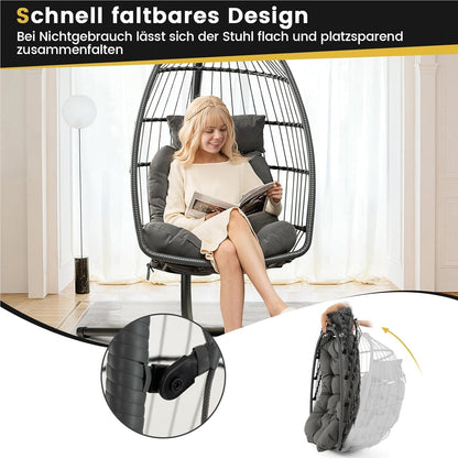 Hangstoel – Hangstoel met Kussen – Hangmatstoel – Schommelstoel – Zitzak – Inklapbaar – PE Rattan – Inclusief Ophangsysteem – Max. 150 kg – Grijs