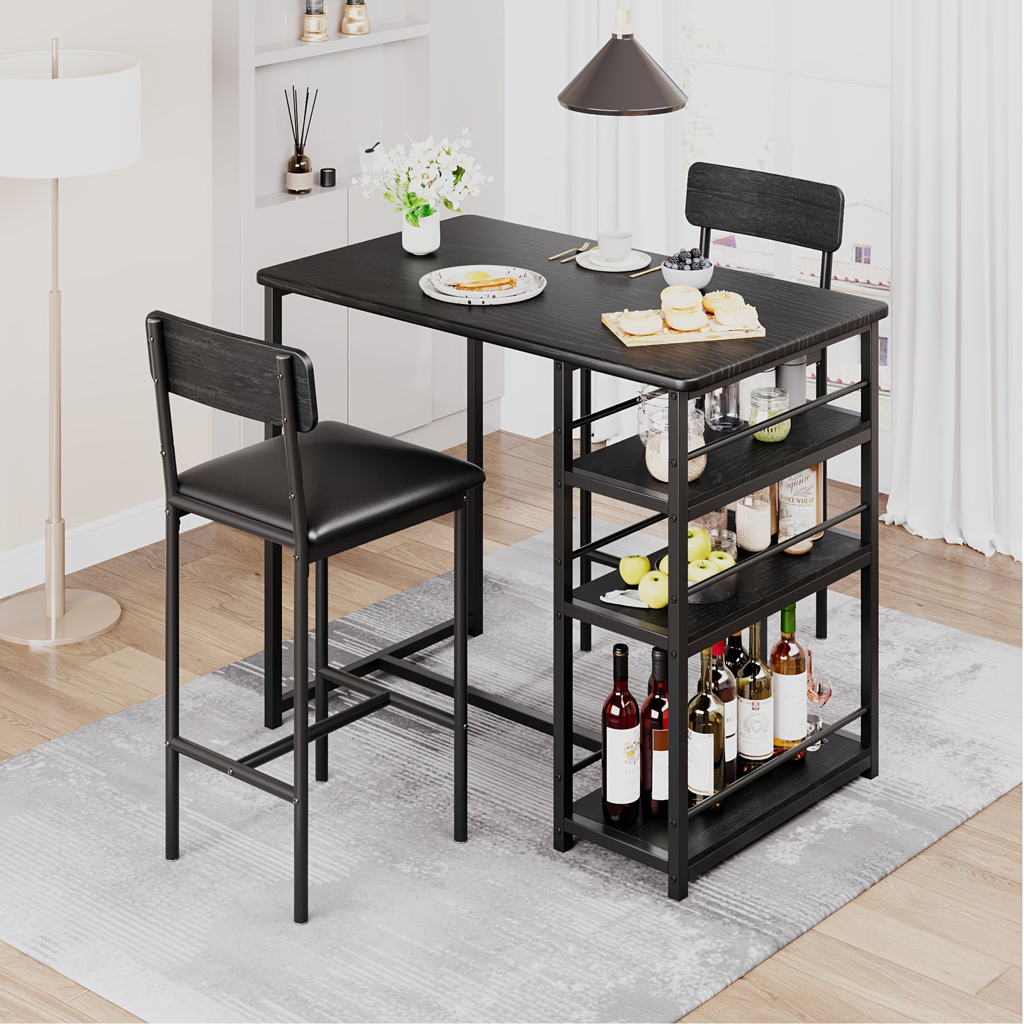 Barset – Tuinbarset – Bistroset – Barmeubel – Eettafelset – Compact Met 3-Lagen Opbergruimte – Gestoffeerde Barkrukken Met Voetensteun - Zwart