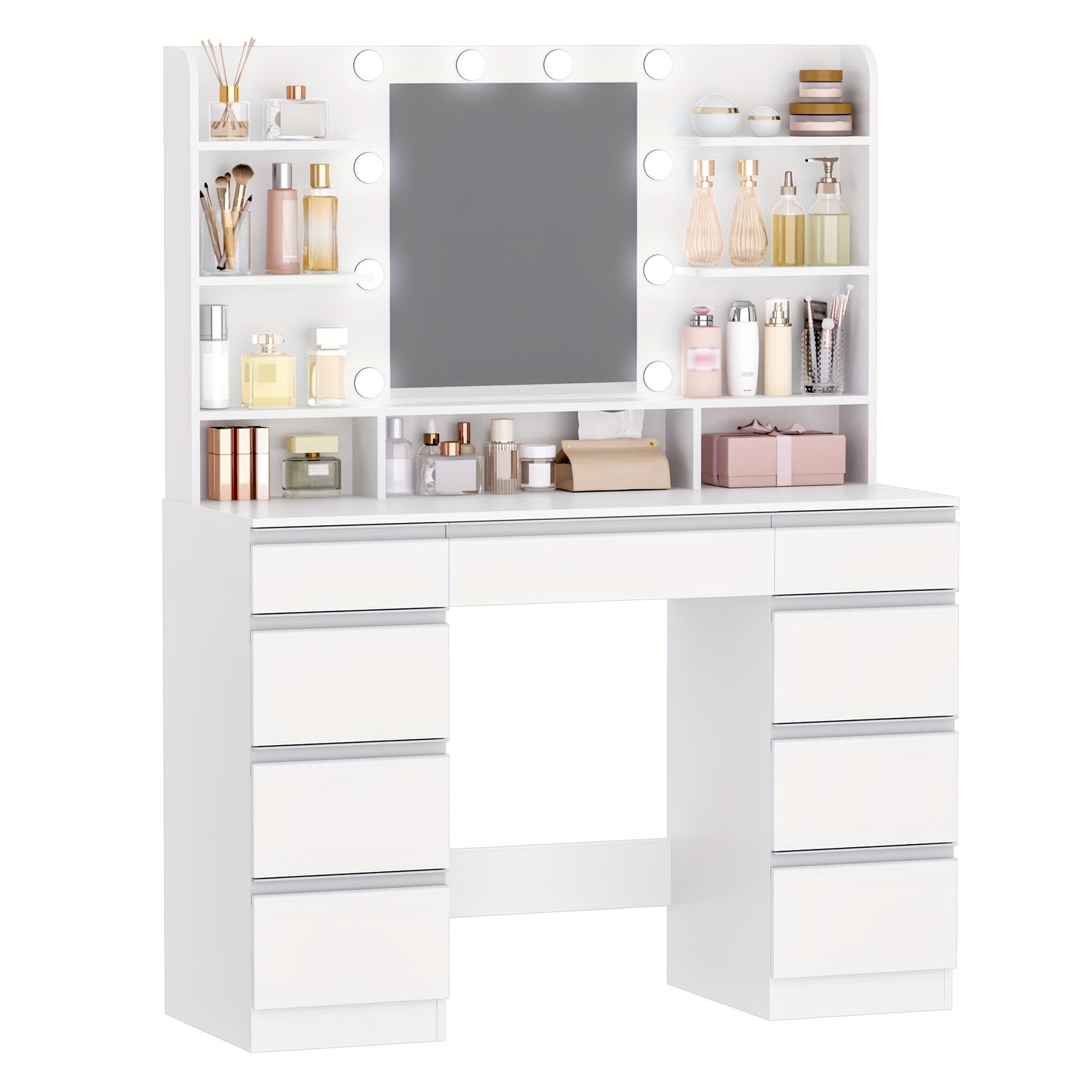 Make-uptafel – Kaptafel – Make-uptafel – Make-upmeubel – Schminktafel – Wit met Gouden Accenten – Grote HD Spiegel – Verstelbare Verlichting – 1 Grote Lade & 8 Kleine Laden – 9 Open Planken – MDF & Glas – Compact 108x40x140 cm