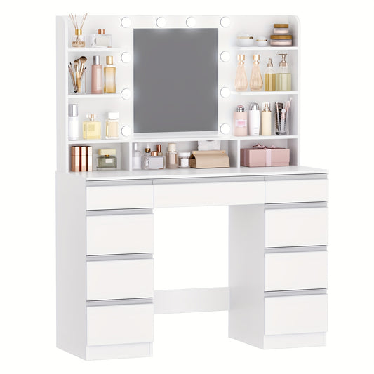 Make-uptafel – Kaptafel – Make-uptafel – Make-upmeubel – Schminktafel – Wit met Gouden Accenten – Grote HD Spiegel – Verstelbare Verlichting – 1 Grote Lade & 8 Kleine Laden – 9 Open Planken – MDF & Glas – Compact 108x40x140 cm