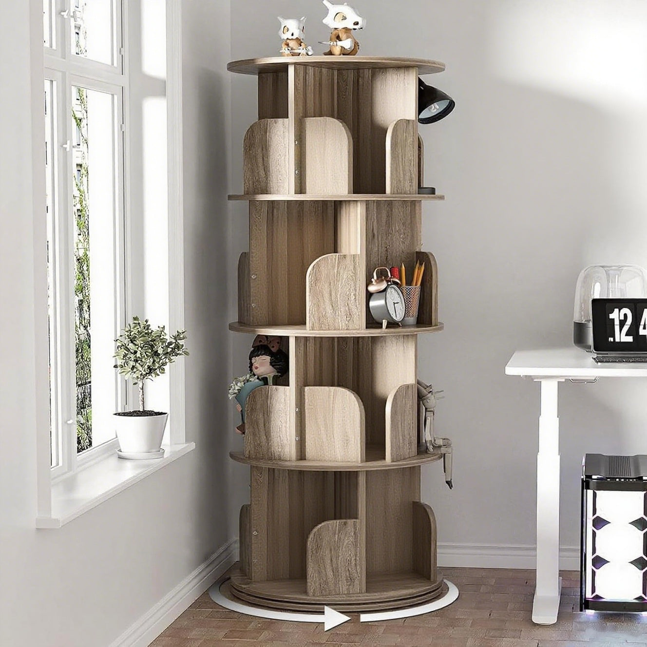 4 Tier Rotating Bookshelf, 360° Revolving Bookcase Wood Rotating Stackable Shelves Floor-Standing Storage Display Rack Used in Bedrooms Living Rooms Study Office (132.08cm x 45.72cm x 45.72cm)