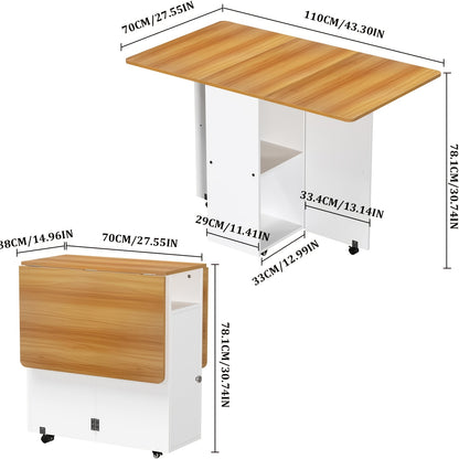 Inklapbare Eettafel – Opklapbare Tafel – Uitklapbare Tafel – Compacte Tafel – Verrijdbare Tafel – Met Wieltjes – Ruimtebesparend Ontwerp – Ingebouwde Opbergruimte – Wit Met Houten Accenten – 120x70x78 cm
