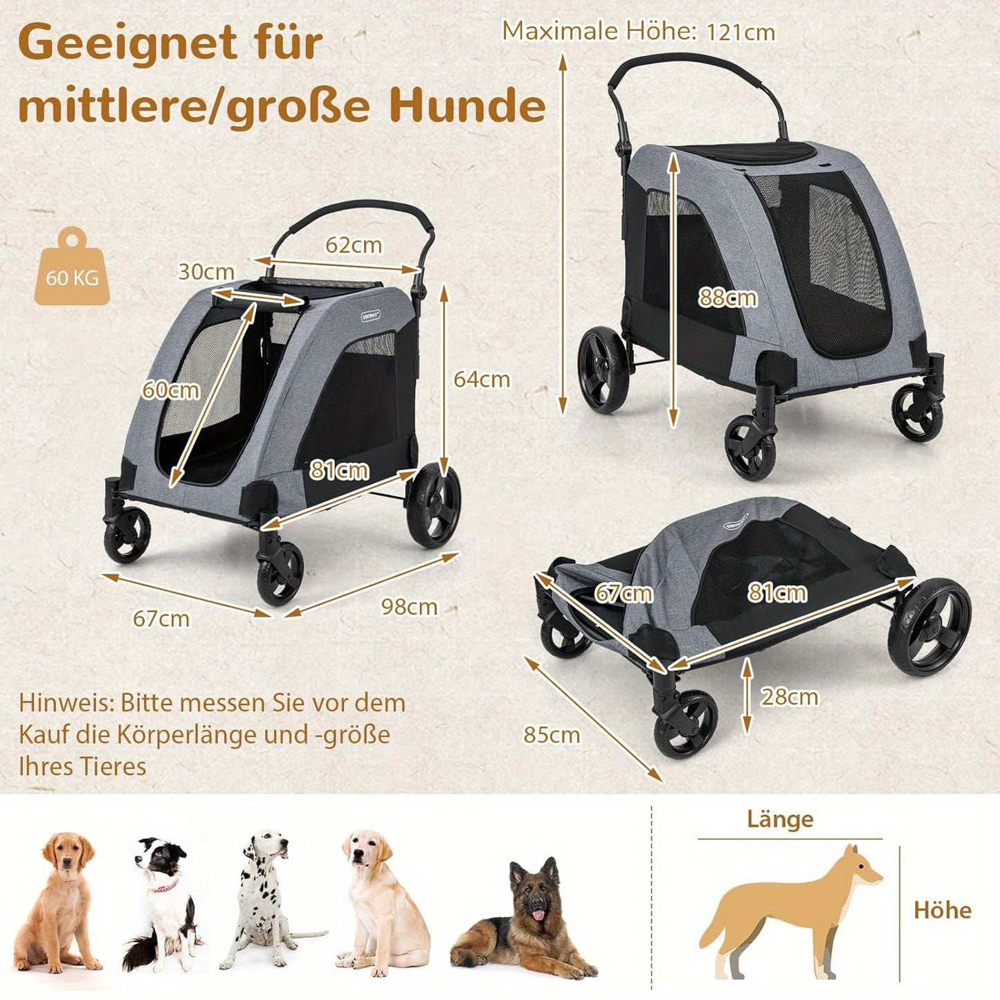 Hondenwagen – Hondentrolley – Hondenbuggy – Draagwagen Voor Honden – Huisdier Trolley – Geschikt Tot 60 kg – Opvouwbaar Met Voordeur En Verstelbare Hendel – Grijs