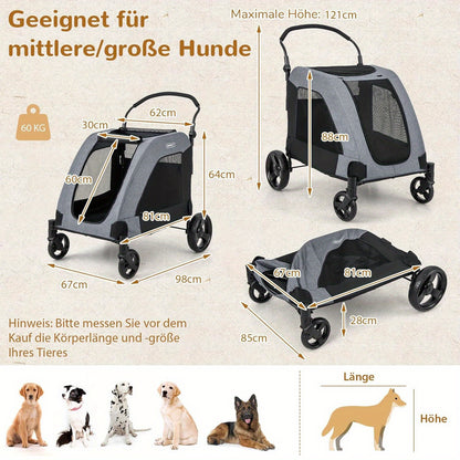 Hondenwagen – Hondentrolley – Hondenbuggy – Draagwagen Voor Honden – Huisdier Trolley – Geschikt Tot 60 kg – Opvouwbaar Met Voordeur En Verstelbare Hendel – Grijs