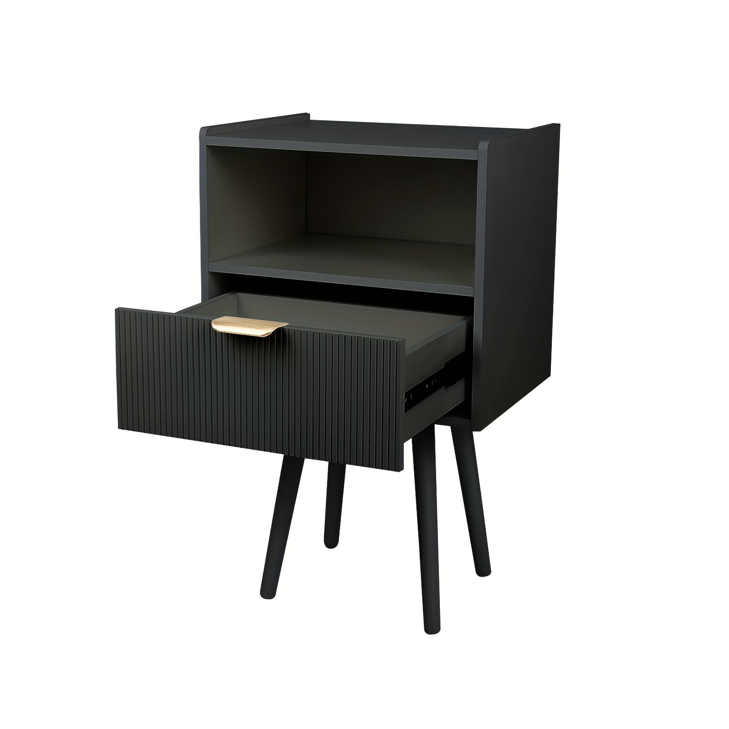 1pc Nightstand With Drawer & Open Shelf, Boho Bedside Table, Multi-Functional End Table, Mit Wooden Leg, For Bedroom & Living Room, Accent Table With Storage 42x30x65cm Black