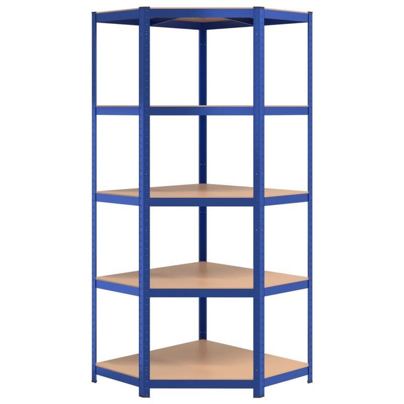 Hoekrek – Opbergrek – Hoekplank – Boekenkast – Opbergkast – 5-laags – Blauw Staal en Engineered Wood