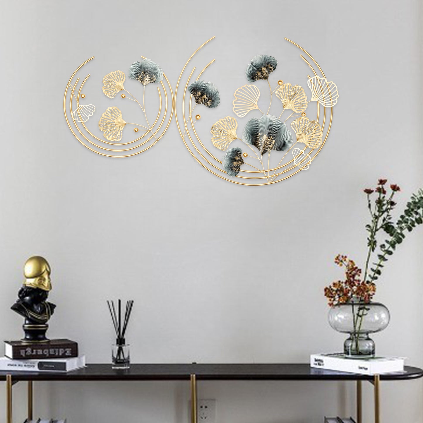 Muurdecoratie – Wanddecoratie – Wandbord – Wandkunst – Wandversiering – Gouden 3D Metalen Design – Set Groot 69cm & Klein 47cm