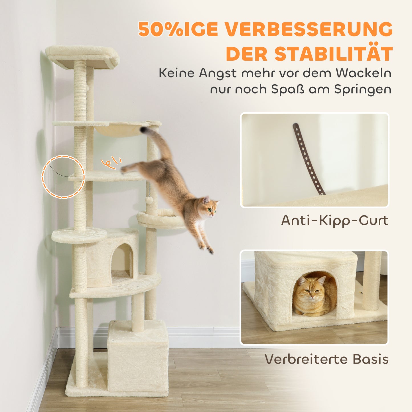 Krabpaal – Krabpaal Voor Katten – Krabmeubel – Kattenboom – Speelpaal Kat – Beige – 2 Meter Hoog – Stevige Constructie Met Kantelbeveiliging