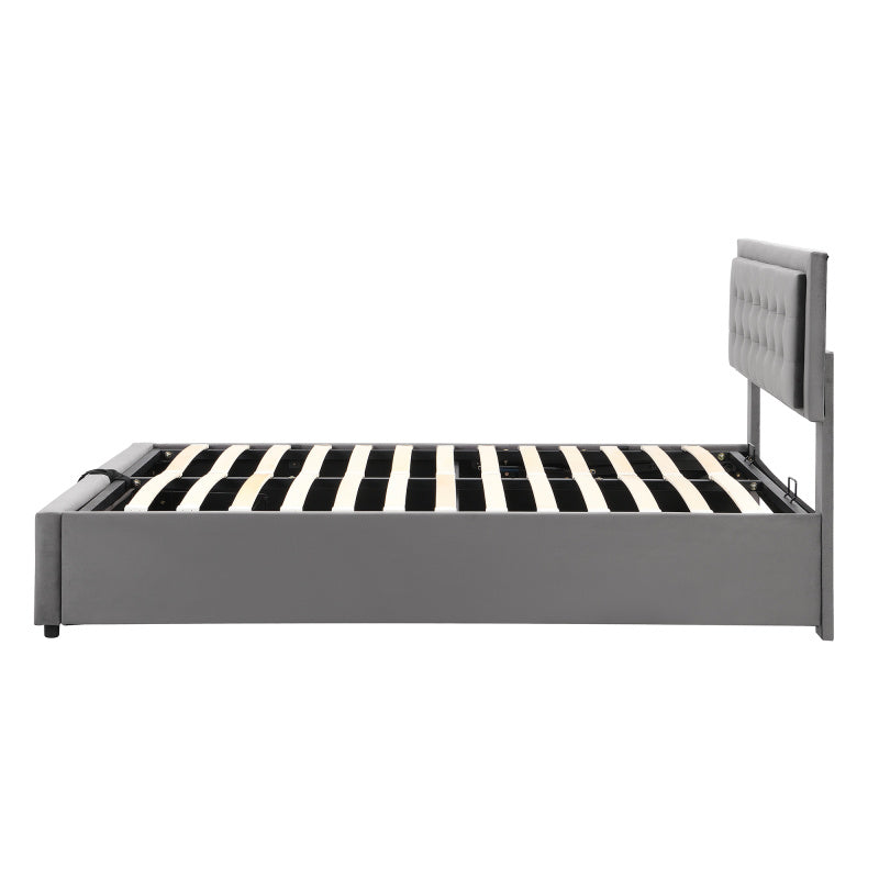 Padded Bed 140190 with Slatted Box Spring And Headboard Storage Bed Hydraulic Padded Double Bed with 2 Drawers Support for Gray Velvet Wood