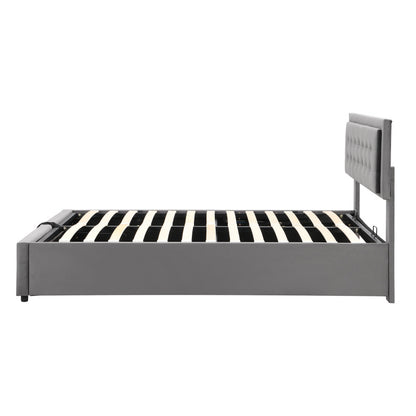Padded Bed 140190 with Slatted Box Spring And Headboard Storage Bed Hydraulic Padded Double Bed with 2 Drawers Support for Gray Velvet Wood