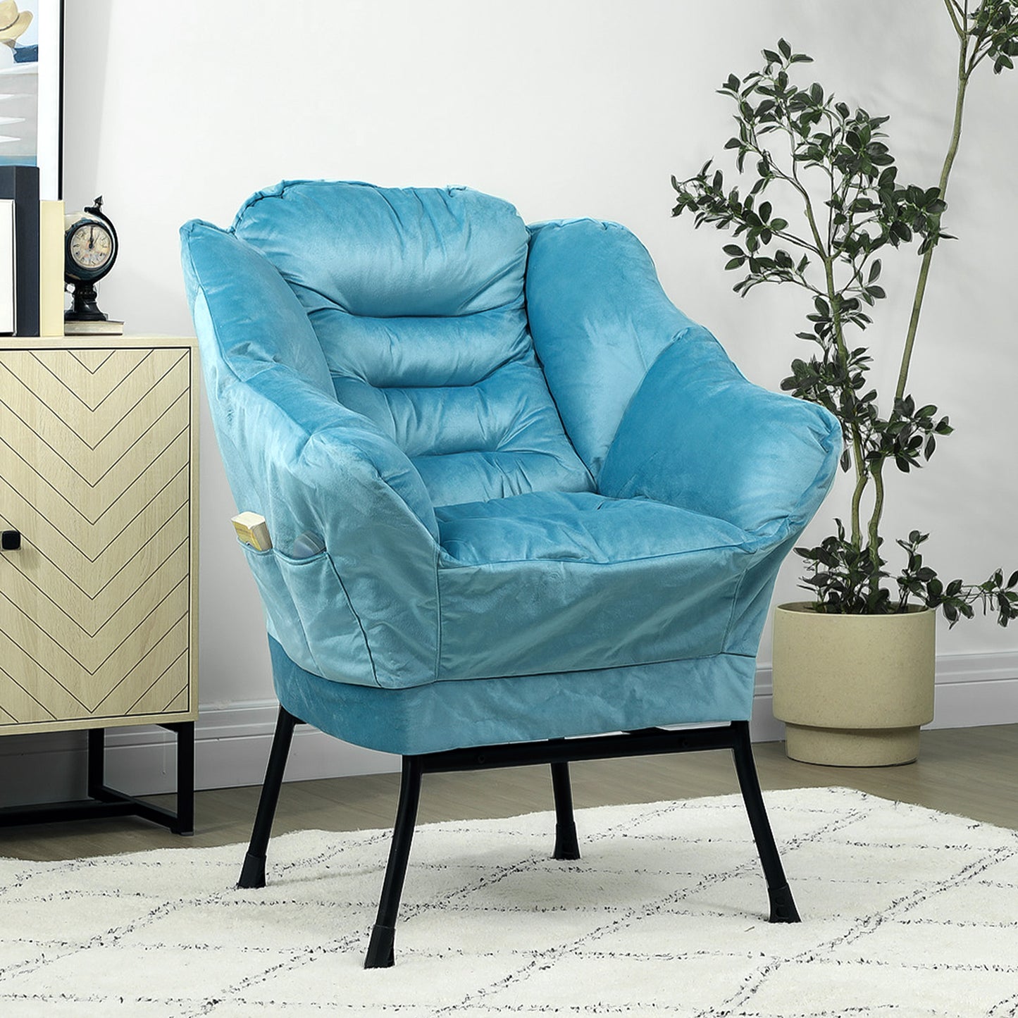 Blauwe Accentstoel – Moderne Fauteuil – Gestoffeerde Stoel – Design Zitmeubel – Opbergruimte Stoel – Gestoffeerd Zitvlak – Stevige Stalen Poten