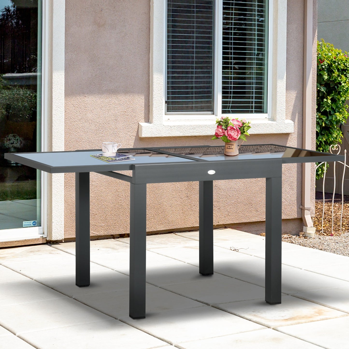 Uitschuifbare Tuintafel – Terrastafel – Verandatafel – Balkon Tafel – Buiten Eettafel – Aluminium Frame – Zwart Gehard Glas – 160x80x75 cm – Weerbestendig & Ruimtebesparend