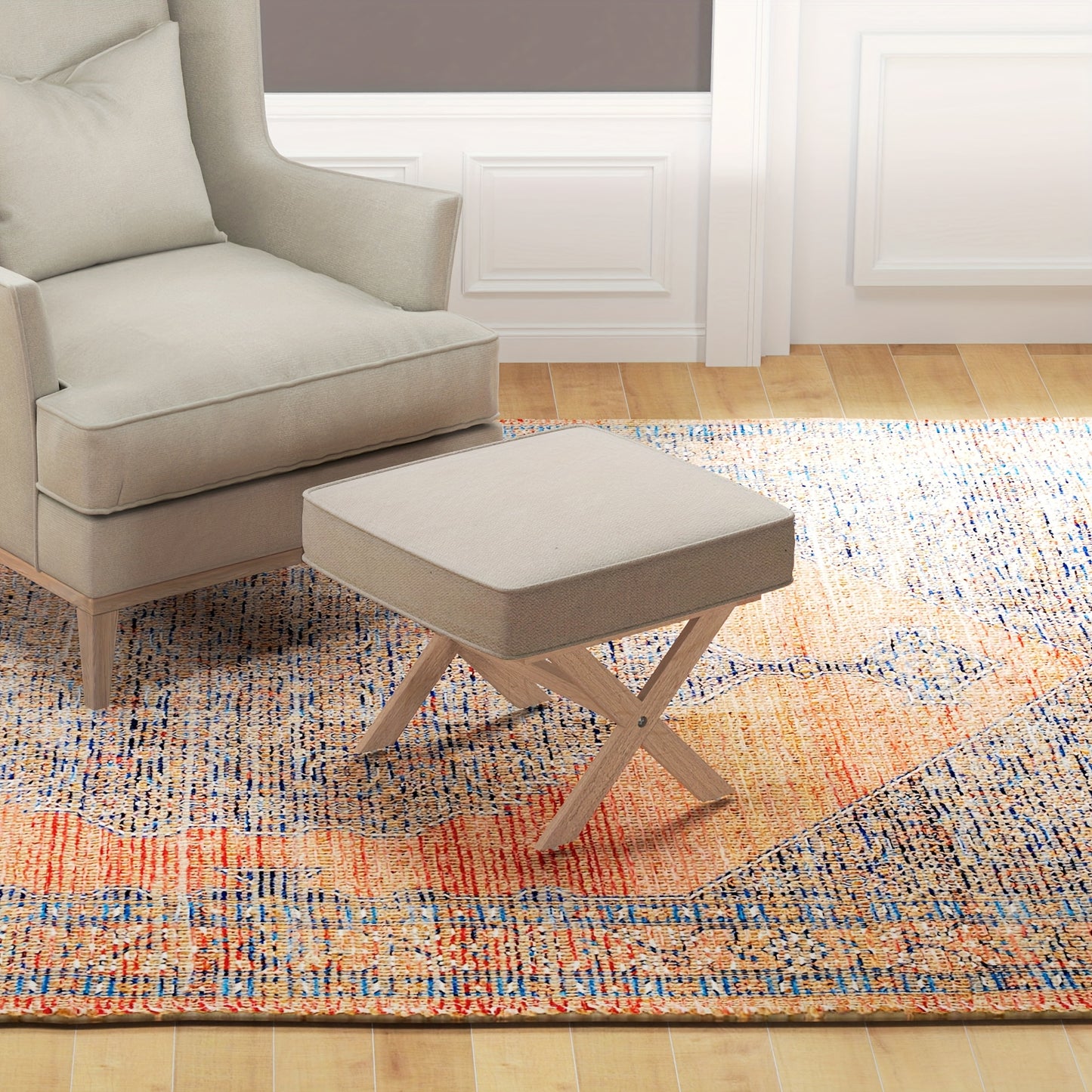 Poef – Kruk – Voetenbankje – Hocker – Zitzak – Gestoffeerd Linnen Look – Houten Onderstel – Anti-slip Mat – Licht Beige