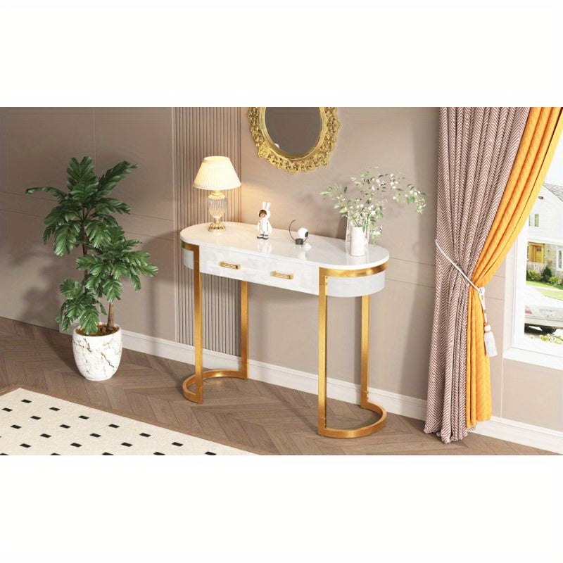 Hoge Bijzettafel – Sidetable – Bijzettafel – Opbergtafel – ConsolTafel – Wit Hoogglans Met Gouden Accenten – 100x40x76 cm – 2 Opbergrekken
