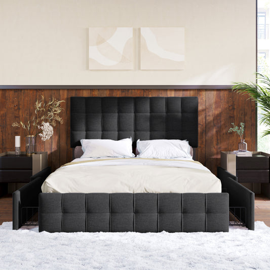 Bedbank – Slaapbank – Logeerbed – Sofa Bed – Zwart Linnen Tweepersoonsbed – 4 Opberglades – Verstelbaar Hoofdbord – Metalen Lattenbodem – 140x200 cm – Ruimtebesparend Design
