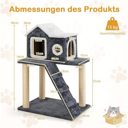 Kattenkrabpaal – Kattenboom – Krabmeubel – Klimmeubel – Krabpaal – Met Zachte Pluche Bekleding – Robuust Spaanplaat – Grijs – 70 x 68,5 x 140 cm