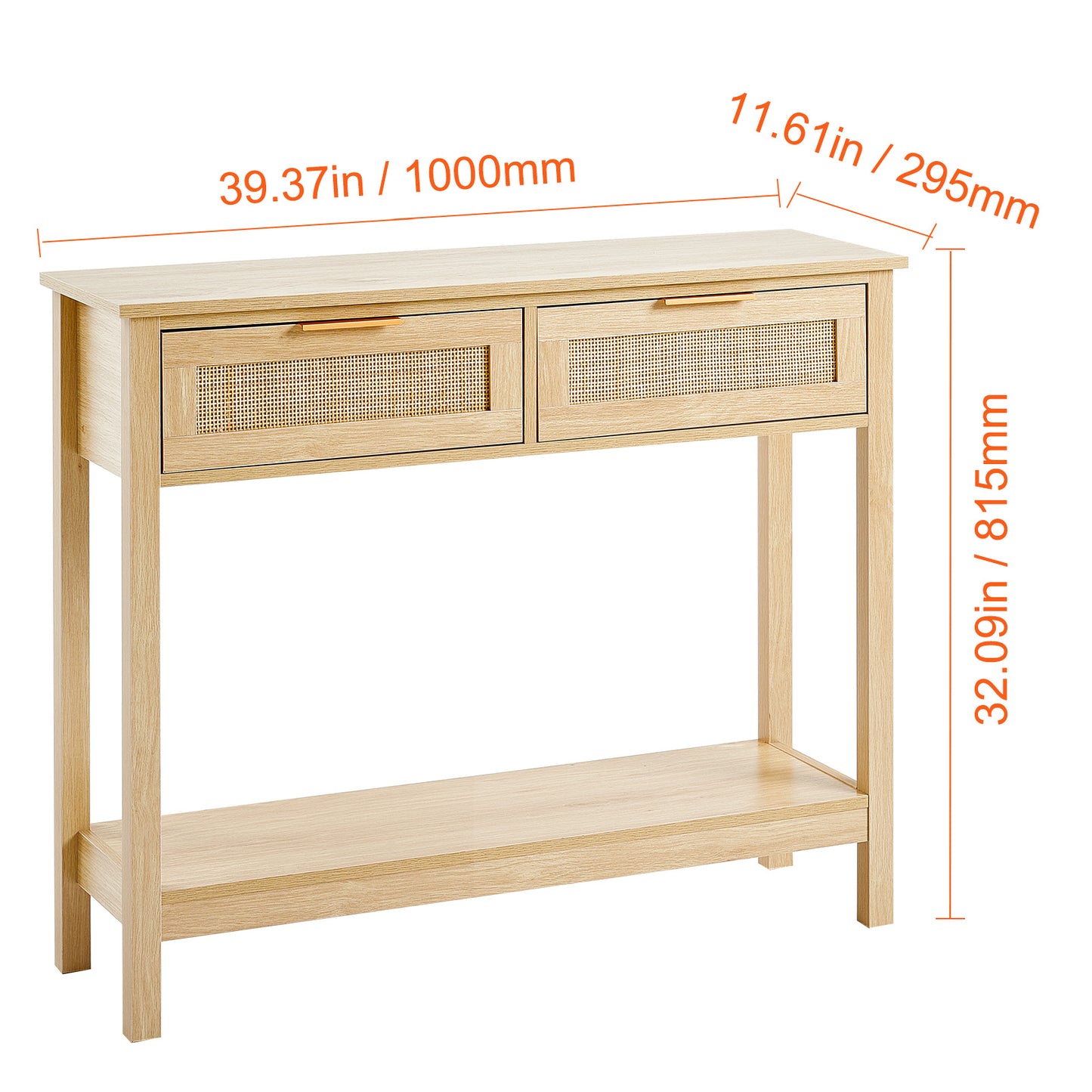 Sidetable – Wandtafel – Consoletafel – Haltafel – Bijzettafel – Natuurlijk Rattan – 2 Lades – Stevige MDF Constructie