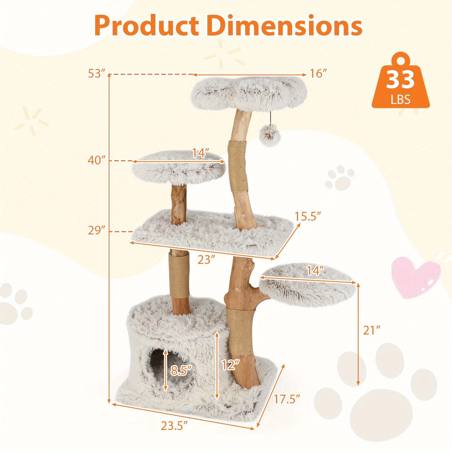 Krabpaal – Kattenboom – Kattenhuis – Krabmeubel – Kattenmand – 134 cm Hoog – Robuuste Perenhout Constructie met Jute Krabpalen – Bloemvormig Pluche Plateau