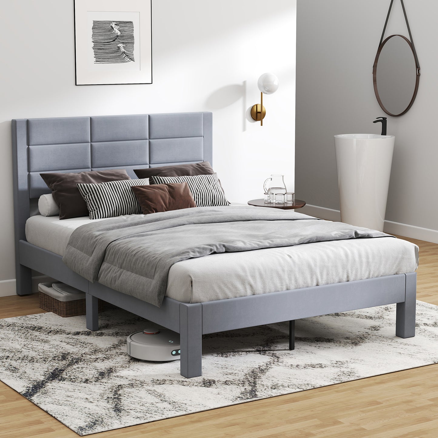 Upholstered Platform Bed – Gestoffeerd Bed – Bedframe – Boxspringbed – Slaapbed – 200x140 cm – Zacht Fluwelen Hoofdbord – Geluidsloos Met Houten Lattenbodem – Grijs