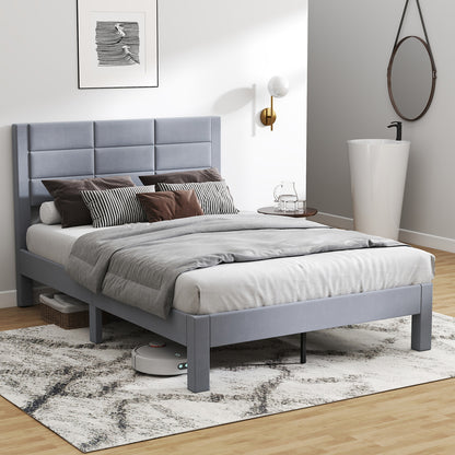 Upholstered Platform Bed – Gestoffeerd Bed – Bedframe – Boxspringbed – Slaapbed – 200x140 cm – Zacht Fluwelen Hoofdbord – Geluidsloos Met Houten Lattenbodem – Grijs