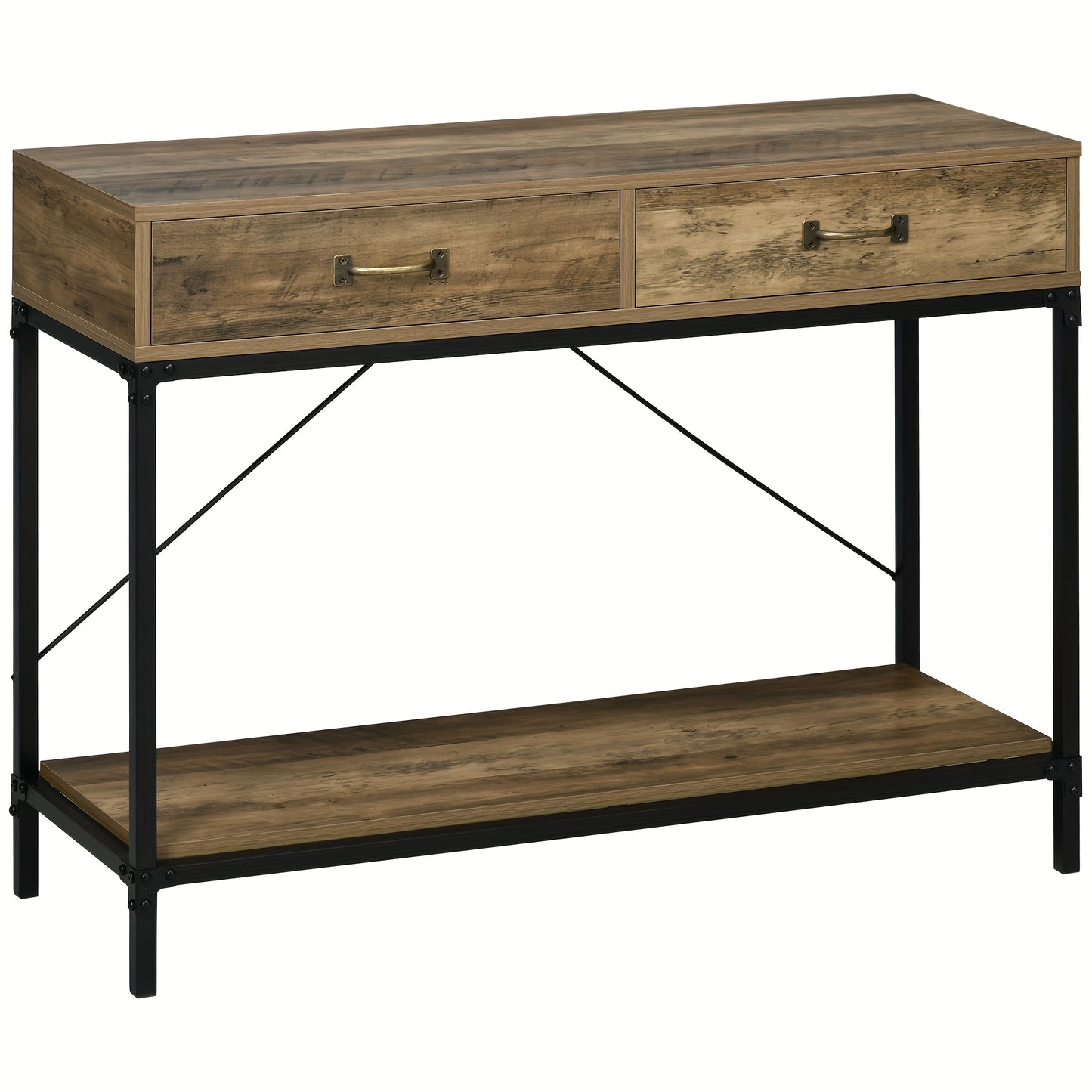 Sidetable – Consoletafel – Haltafel – Wandtafel – Dressoir – Vintage Bruin Zwart – 2 Lades En Onderplank – Compact 100x35x76,5 cm