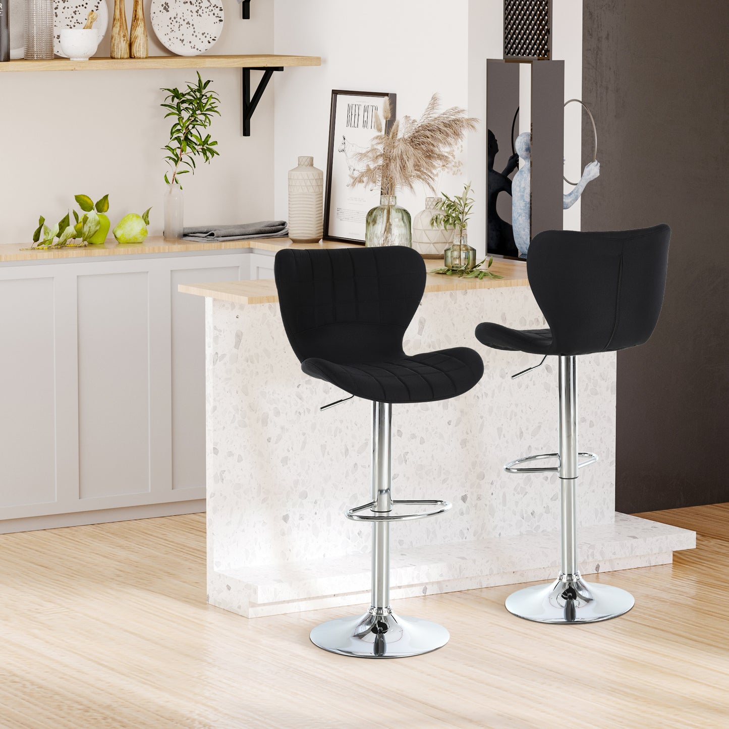 Barstoelen – Barkrukken – Hoge Stoelen – Keukenstoelen – Zwarte Barstoelen – Verstelbare Zithoogte 59-81 cm – 360° Draaibaar