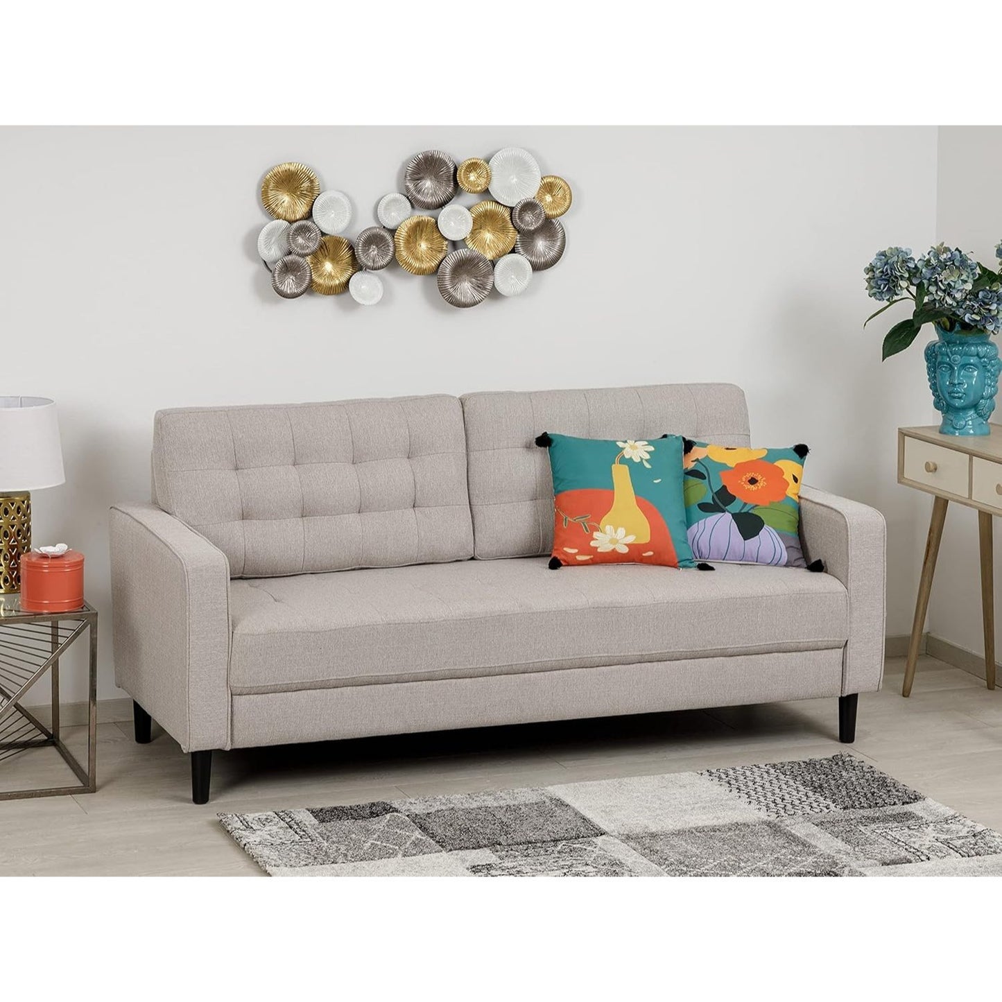 Bankstel – 3-Zitsbank – Sofa – Zitbank – Woonkamerbank – Beige Stof – Ademend Katoen – Houten Frame – Comfortabel & Duurzaam
