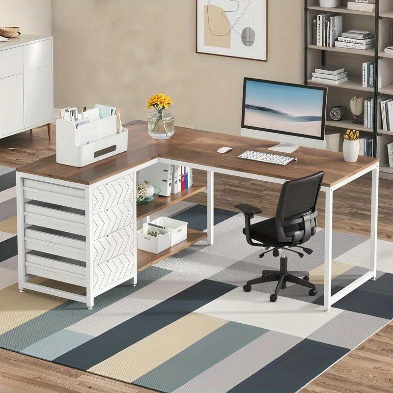 Hoekbureau – L-vormig Bureau – Werkbureau – Computerbureau – Bureau met Laden – Verstelbare Poten – Robuust Metaal Frame – Compact 150x110x75 cm – Donkerbruin Wit