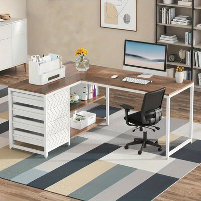 Hoekbureau – L-vormig Bureau – Werkbureau – Computerbureau – Bureau met Laden – Verstelbare Poten – Robuust Metaal Frame – Compact 150x110x75 cm – Donkerbruin Wit