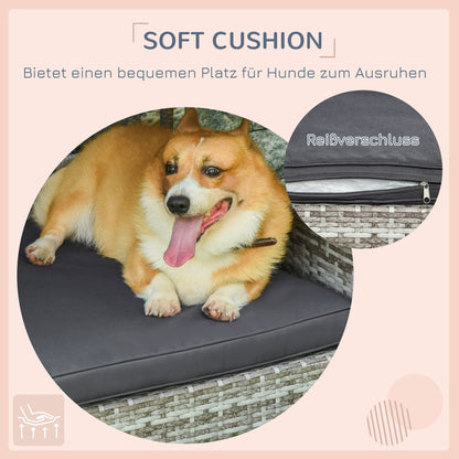 Hondenhok – Hondenmand – Hondenkennel – Hondenhuisje – Huisdier Bed – Rattan Met Staal – Inclusief Comfortabel Kussen – Grijs 69x98x70 cm