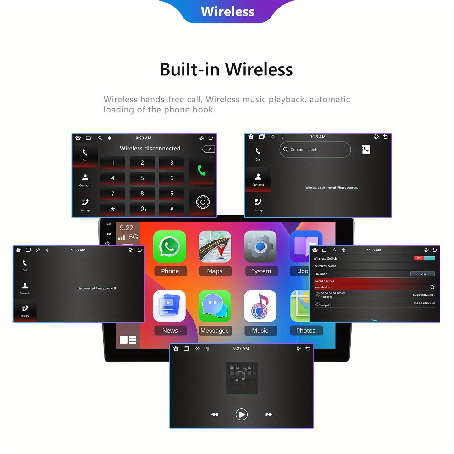 Multimedia Autoradio – Car Stereo – Navigatiesysteem – Infotainment Systeem – Touchscreen Radio – Android 15 Systeem – 9-Inch HD Scherm – Draadloze CarPlay & Android Auto