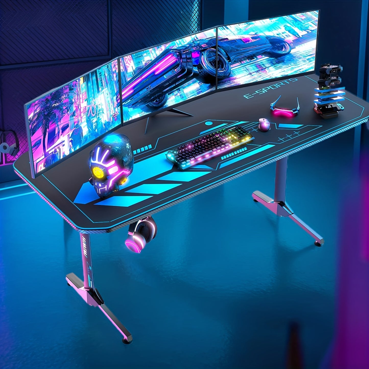 Gaming Bureau – Game Bureau – Gaming Desk – Computerbureau – Werkplek – Ergonomisch Design – Volledig Carbon Fiber Muismatoppervlak – Bekerhouder en Headset Haak – Zwart Met Blauwe Accenten – 160x75x75 cm