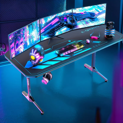 Gaming Bureau – Game Bureau – Gaming Desk – Computerbureau – Werkplek – Ergonomisch Design – Volledig Carbon Fiber Muismatoppervlak – Bekerhouder en Headset Haak – Zwart Met Blauwe Accenten – 160x75x75 cm