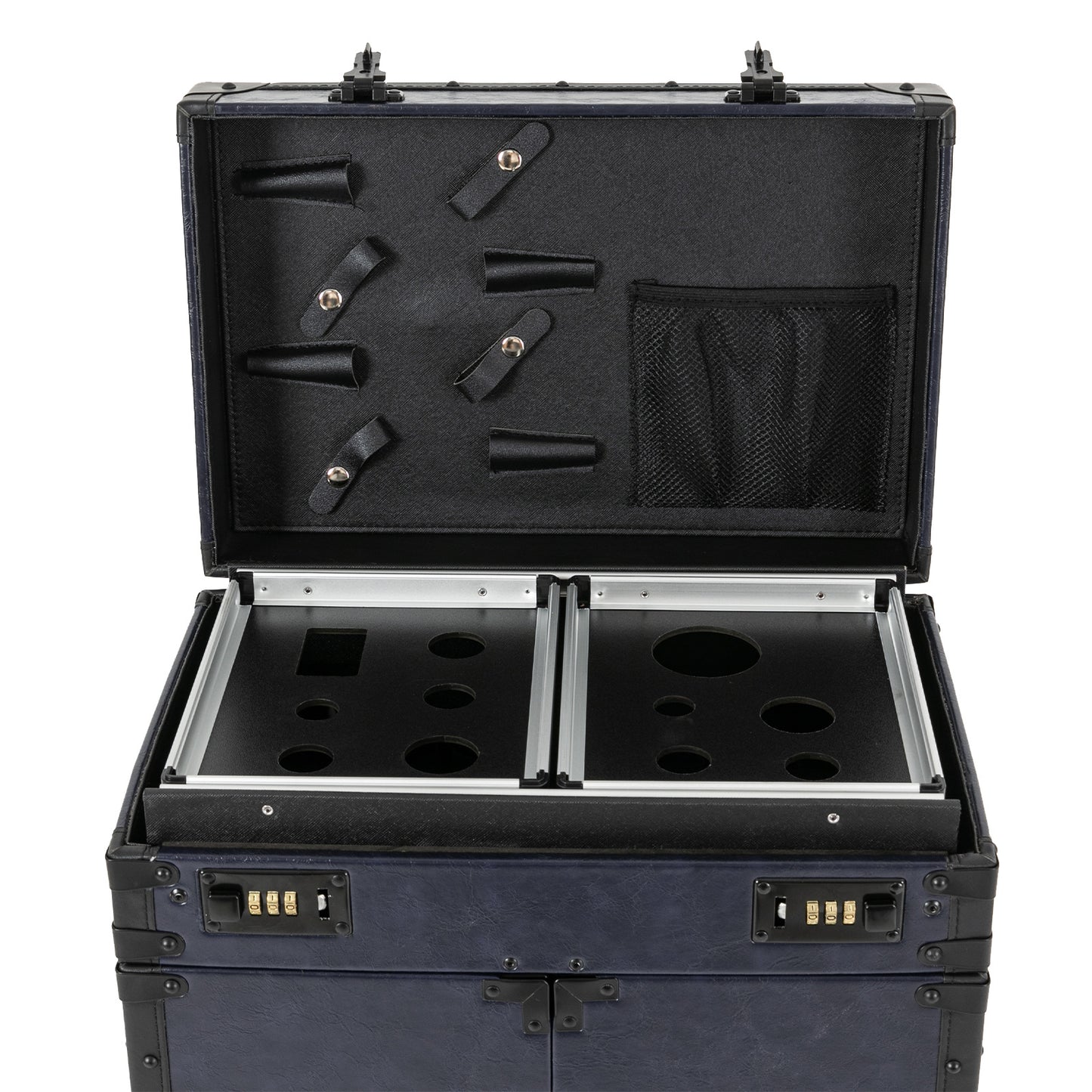 Retro Tie Bar Hairdressing Toolbox with 4 Compartments & Metal Wheels - Blue PU & Woodboard Mobile Storage Organizer for Salon, Home, Travel - No Assembly Required, Hairdressing Storage, Modern Functionality, Wooden Handle