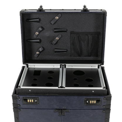 Retro Tie Bar Hairdressing Toolbox with 4 Compartments & Metal Wheels - Blue PU & Woodboard Mobile Storage Organizer for Salon, Home, Travel - No Assembly Required, Hairdressing Storage, Modern Functionality, Wooden Handle