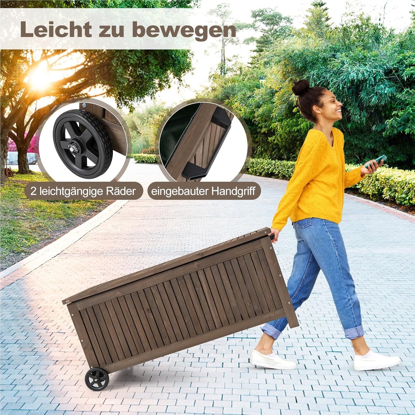 Houten Tuinkist – Opbergbox – Tuinbox – Kussenbox – Tuinberging – Waterdichte PE Voering – Met Wielen en Handvat – 213 Liter – Bruin