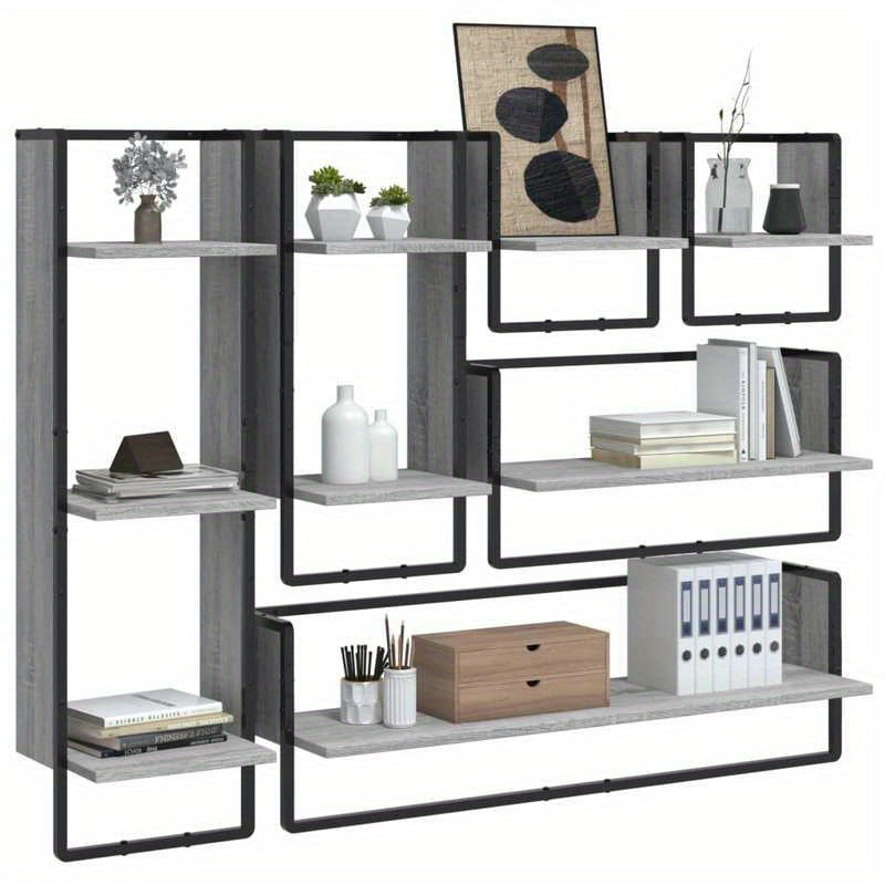 6pcs Wall Shelf Set with Rods, Treated Wood in Gray Sonoma Finish