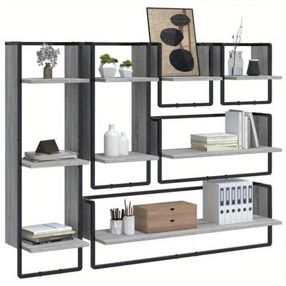 6pcs Wall Shelf Set with Rods, Treated Wood in Gray Sonoma Finish
