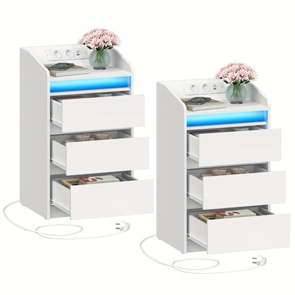 Nachtkastje – Bedside Table – Opbergkastje – Dressoir – Ladekast – Wit – Met Oplaadstation en USB – 3 Laden per Kast – LED Sfeerverlichting