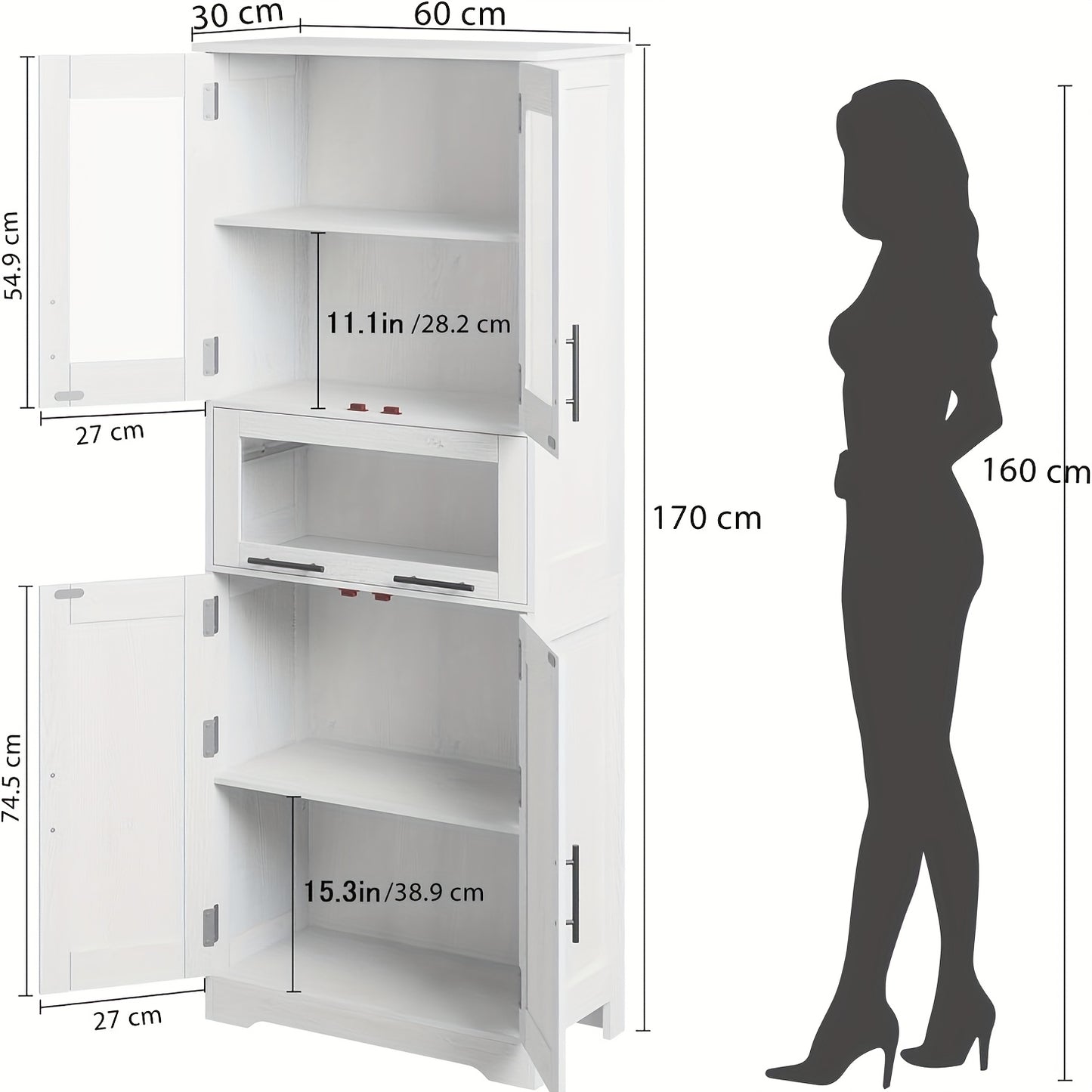Opbergkast – Opbergmeubel – Voorraadkast – Stellingkast – Kast Met Deuren – Hoog En Smal Design – Verstelbare Planken – Wit Hout – Anti-Kantel Veiligheid