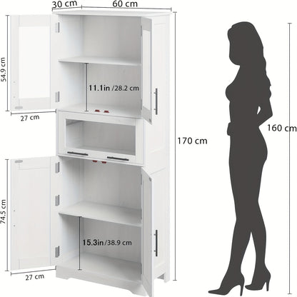Opbergkast – Opbergmeubel – Voorraadkast – Stellingkast – Kast Met Deuren – Hoog En Smal Design – Verstelbare Planken – Wit Hout – Anti-Kantel Veiligheid