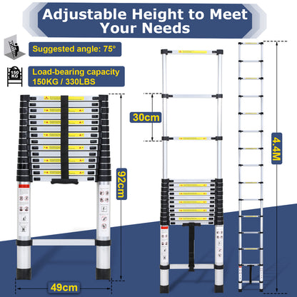 Telescopische Aluminium Ladder – Uitschuifladder – Opvouwbare Ladder – Bureauladder – Steekladder – 4,4 Meter Hoog – Lichtgewicht En Veilig