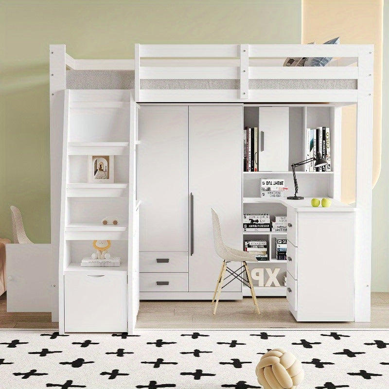 Hoogslaper – Stapelbed – Bedbank – Kinderbed – Eenpersoonsbed – Met Bureau en Opbergruimte – Stevig Wit Frame – 200 cm Hoog